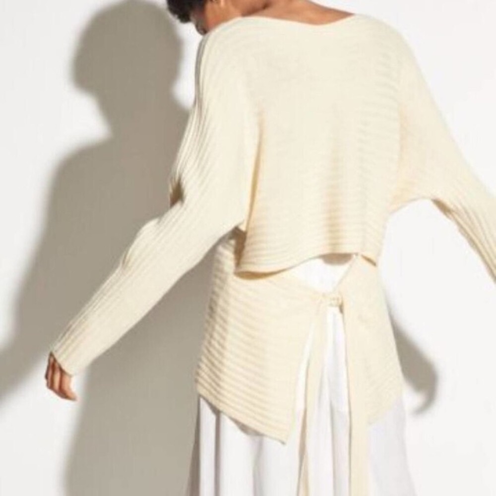 Vince Tie Back Wool Cashmere Ribbed Sweater Creamy Yellow Size S